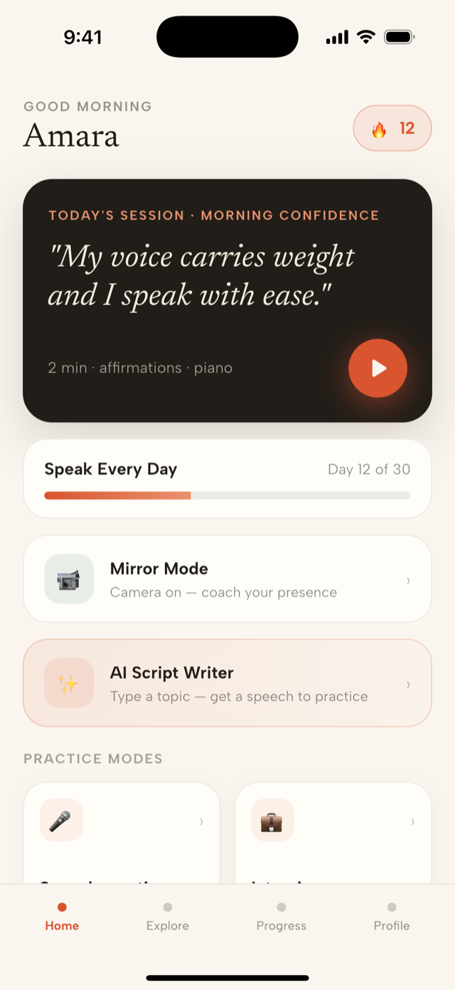 Vovera home screen — Good morning Amara, day 12 of a speaking streak, today's session ready to play